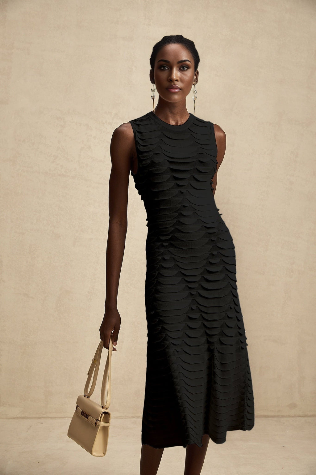 Carmen Midi Dress - Stretch Knit - Crew Neck - Sleeveless - Godet Design