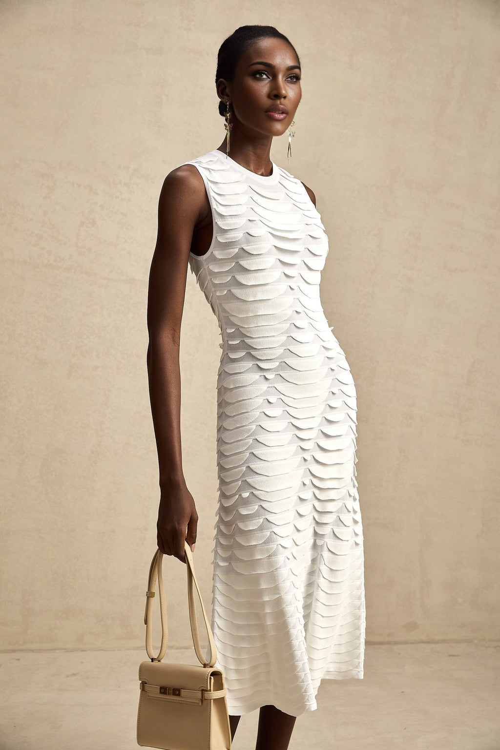 Carmen Midi Dress - Stretch Knit - Crew Neck - Sleeveless - Godet Design