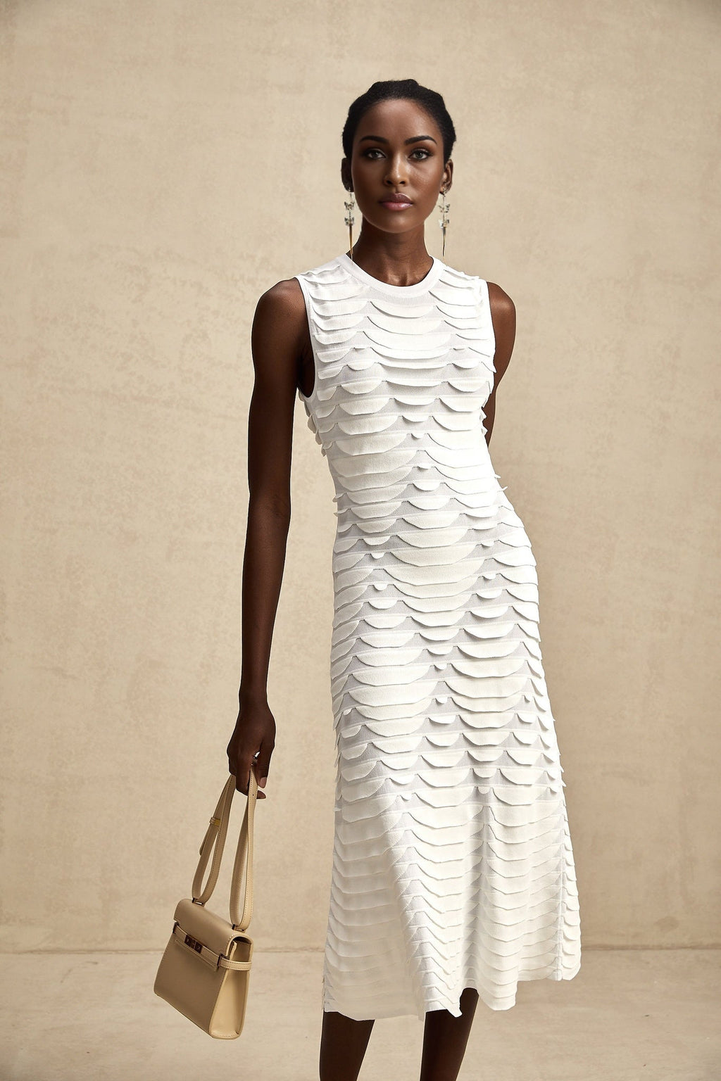 Carmen Midi Dress - Stretch Knit - Crew Neck - Sleeveless - Godet Design