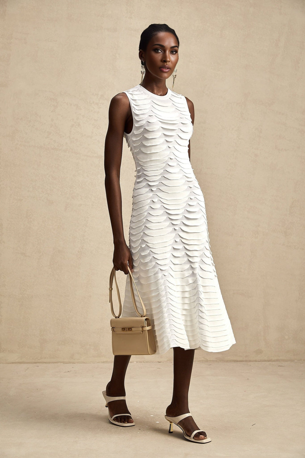 Carmen Midi Dress - Stretch Knit - Crew Neck - Sleeveless - Godet Design