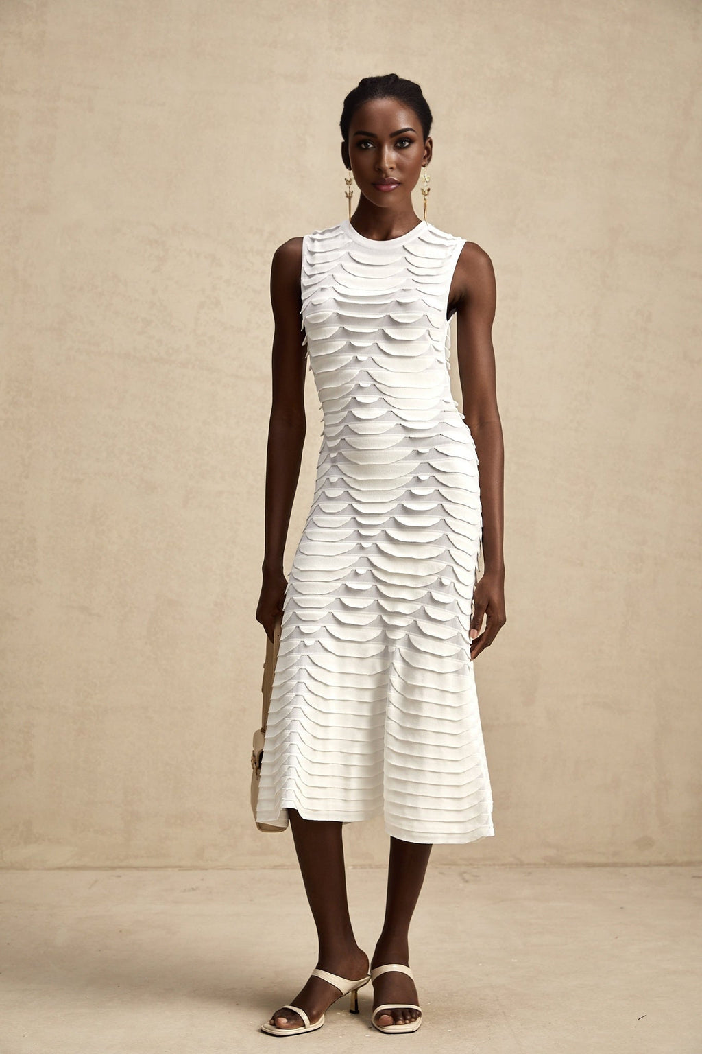 Carmen Midi Dress - Stretch Knit - Crew Neck - Sleeveless - Godet Design