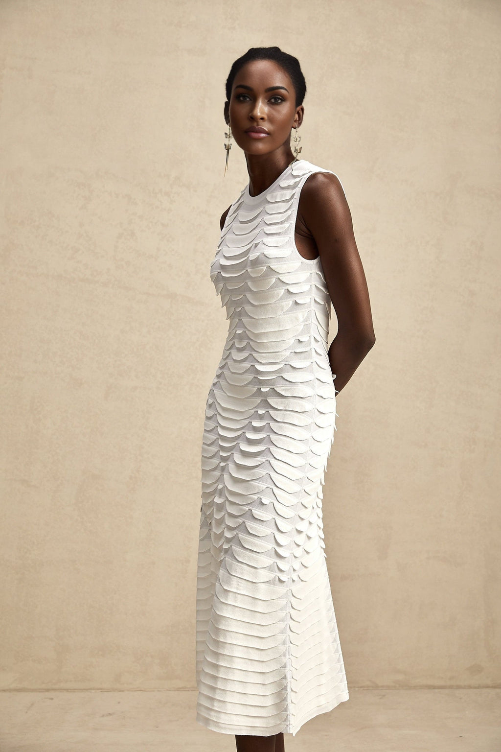 Carmen Midi Dress - Stretch Knit - Crew Neck - Sleeveless - Godet Design