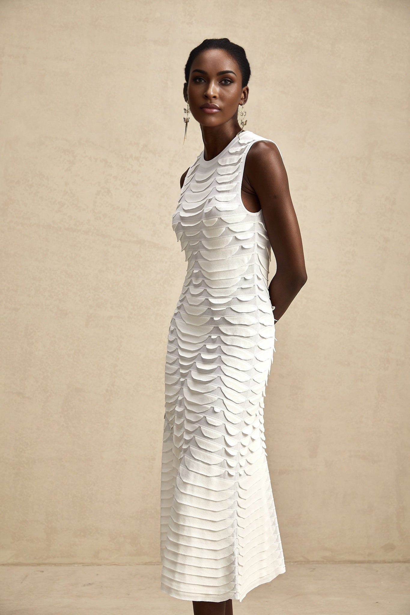 Carmen Midi Dress - Stretch Knit - Crew Neck - Sleeveless - Godet Design