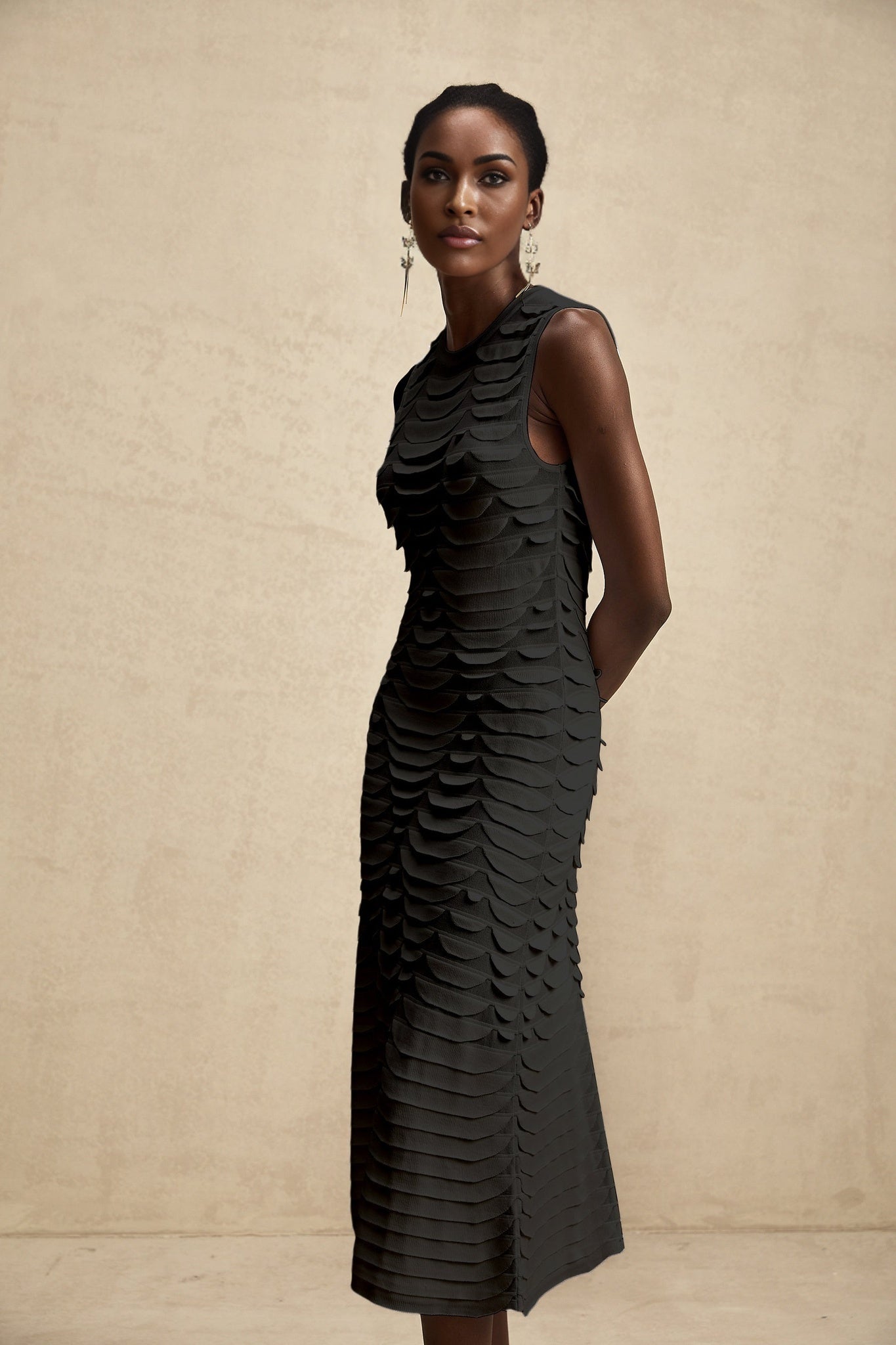 Carmen Midi Dress - Stretch Knit - Crew Neck - Sleeveless - Godet Design