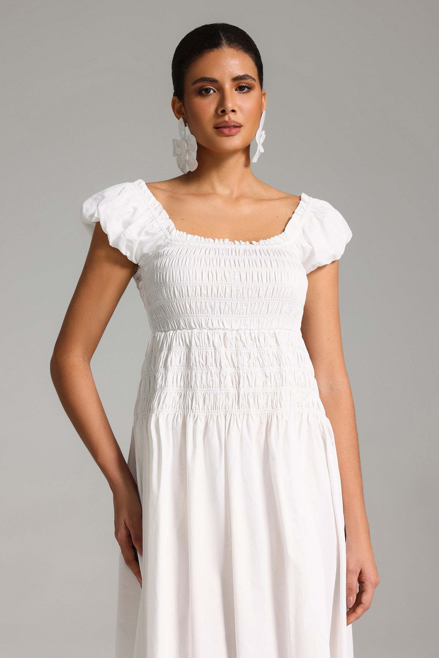 Carmen White Smocked Puff Sleeve Dress