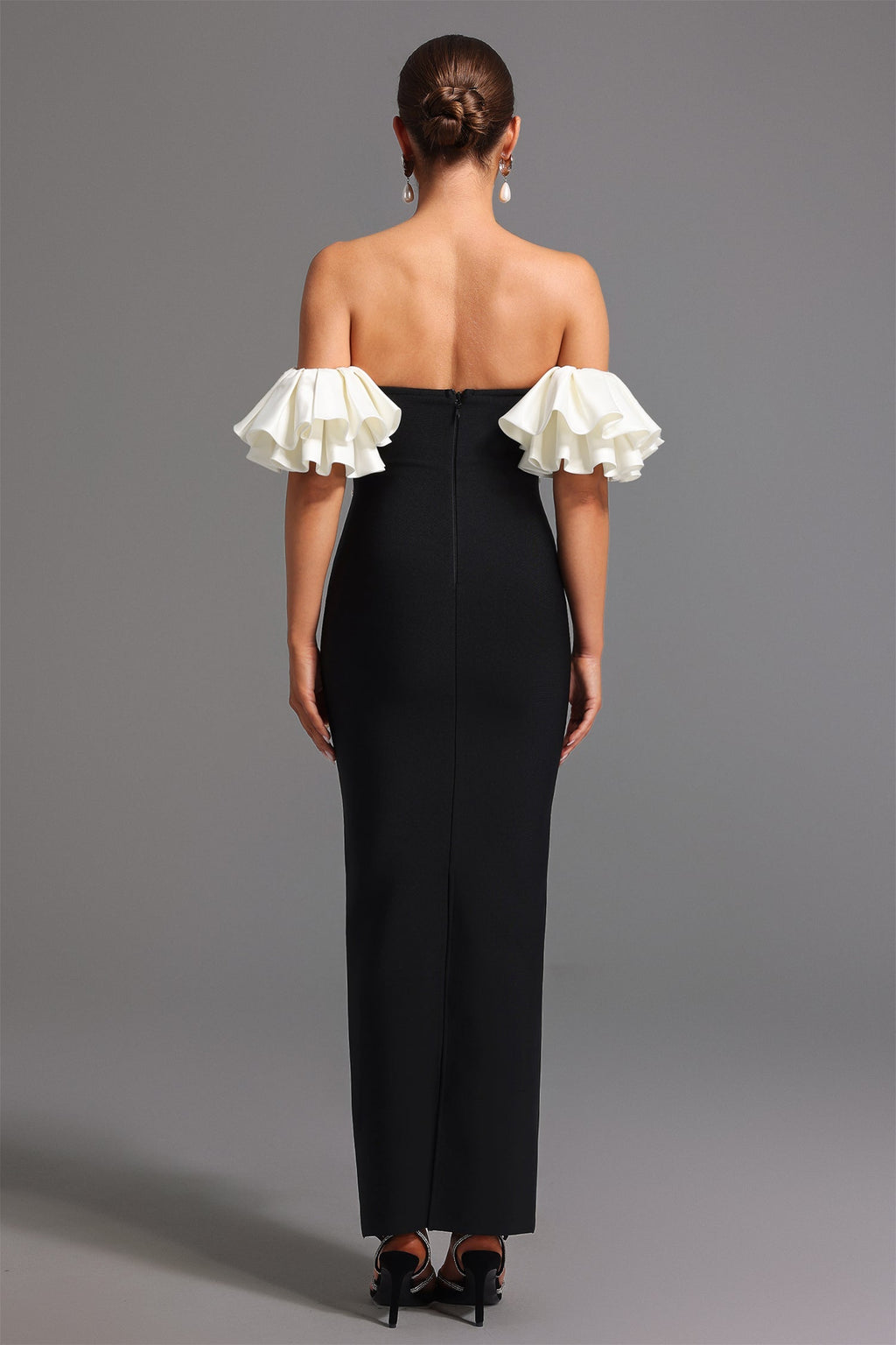 Carmina Black Maxi Dress with Pearl Detailing and Ruffled Sleeves
