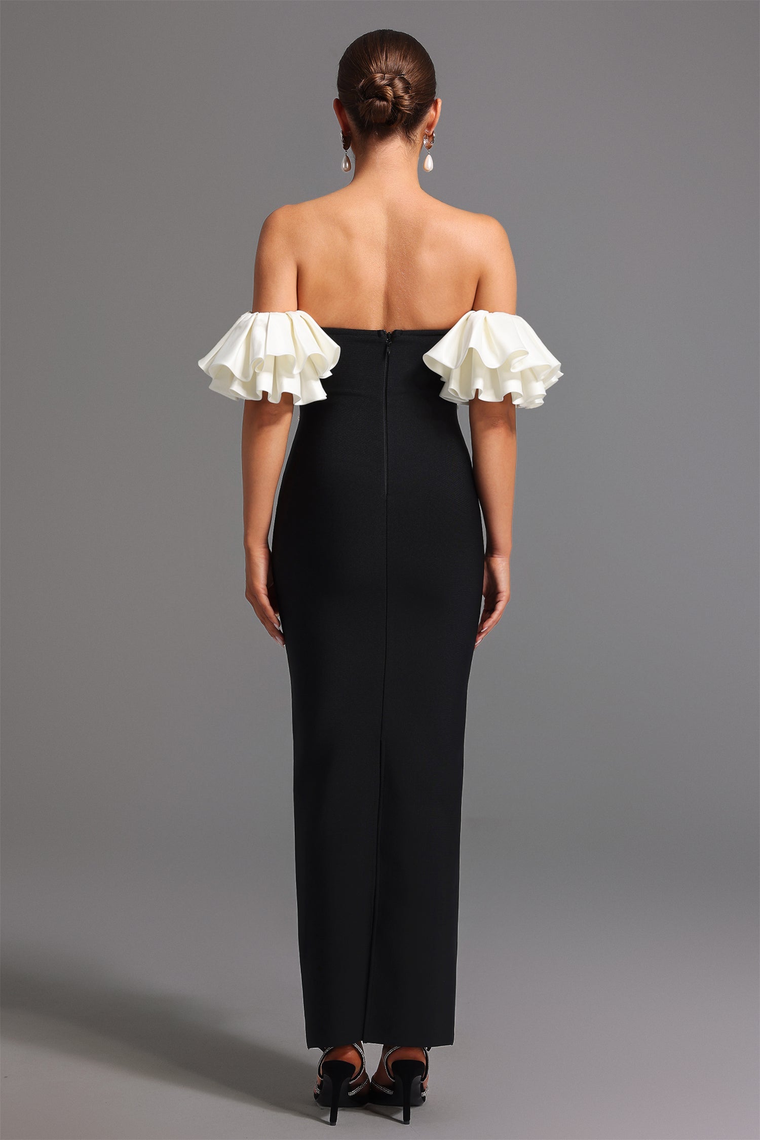 Carmina Black Maxi Dress with Pearl Detailing and Ruffled Sleeves