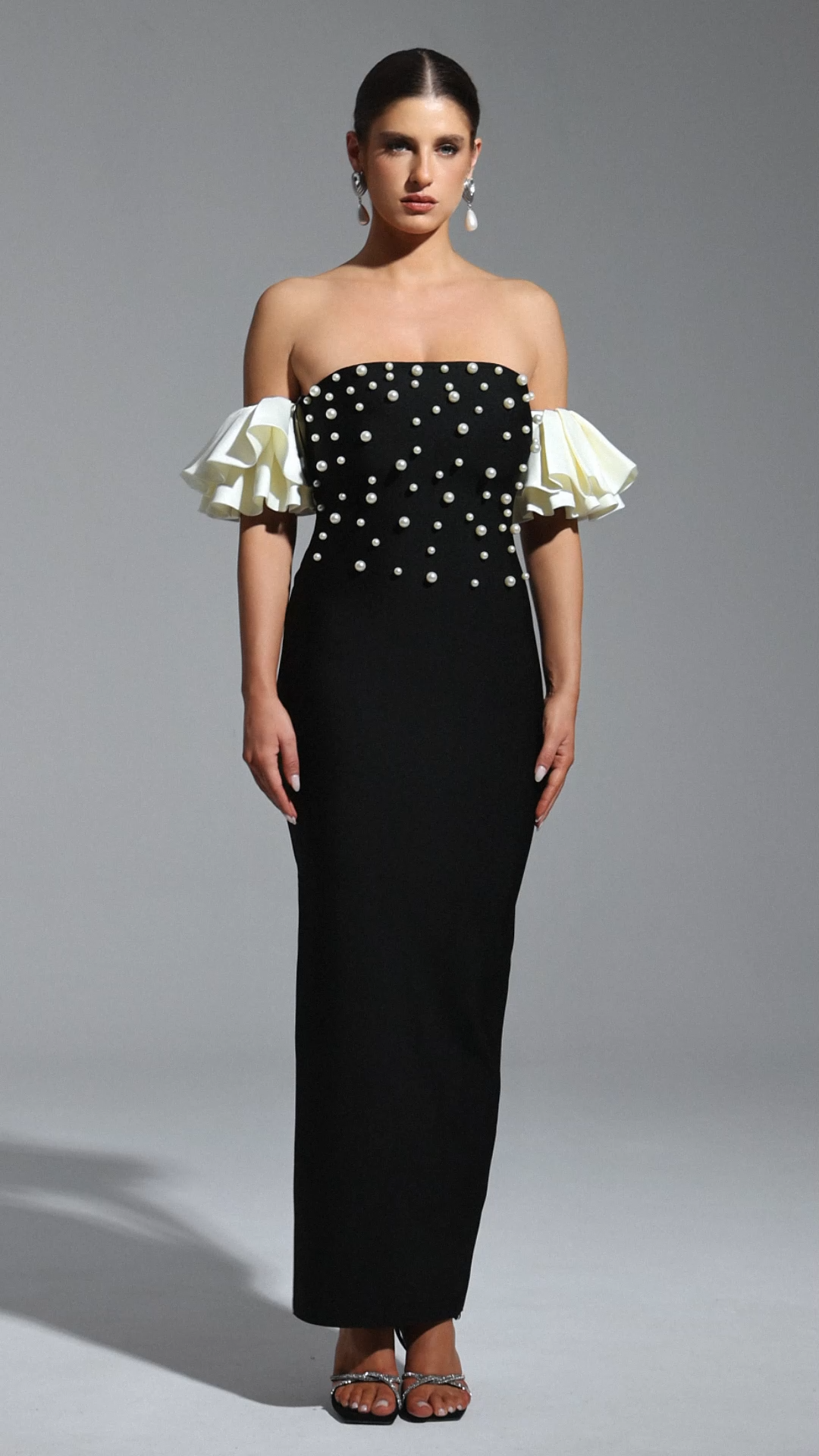 Carmina Black Pearl Detail Strapless Maxi Dress Ruffled Sleeves Elegant Formal Evening Wear