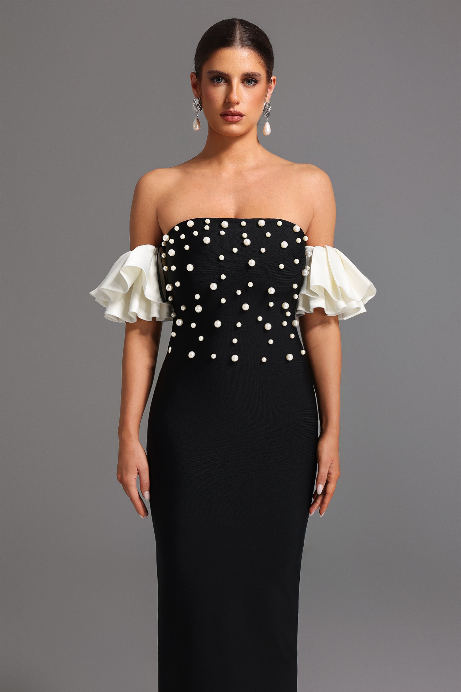 Carmina Black Pearl Detail Strapless Maxi Dress Ruffled Sleeves Elegant Formal Evening Wear