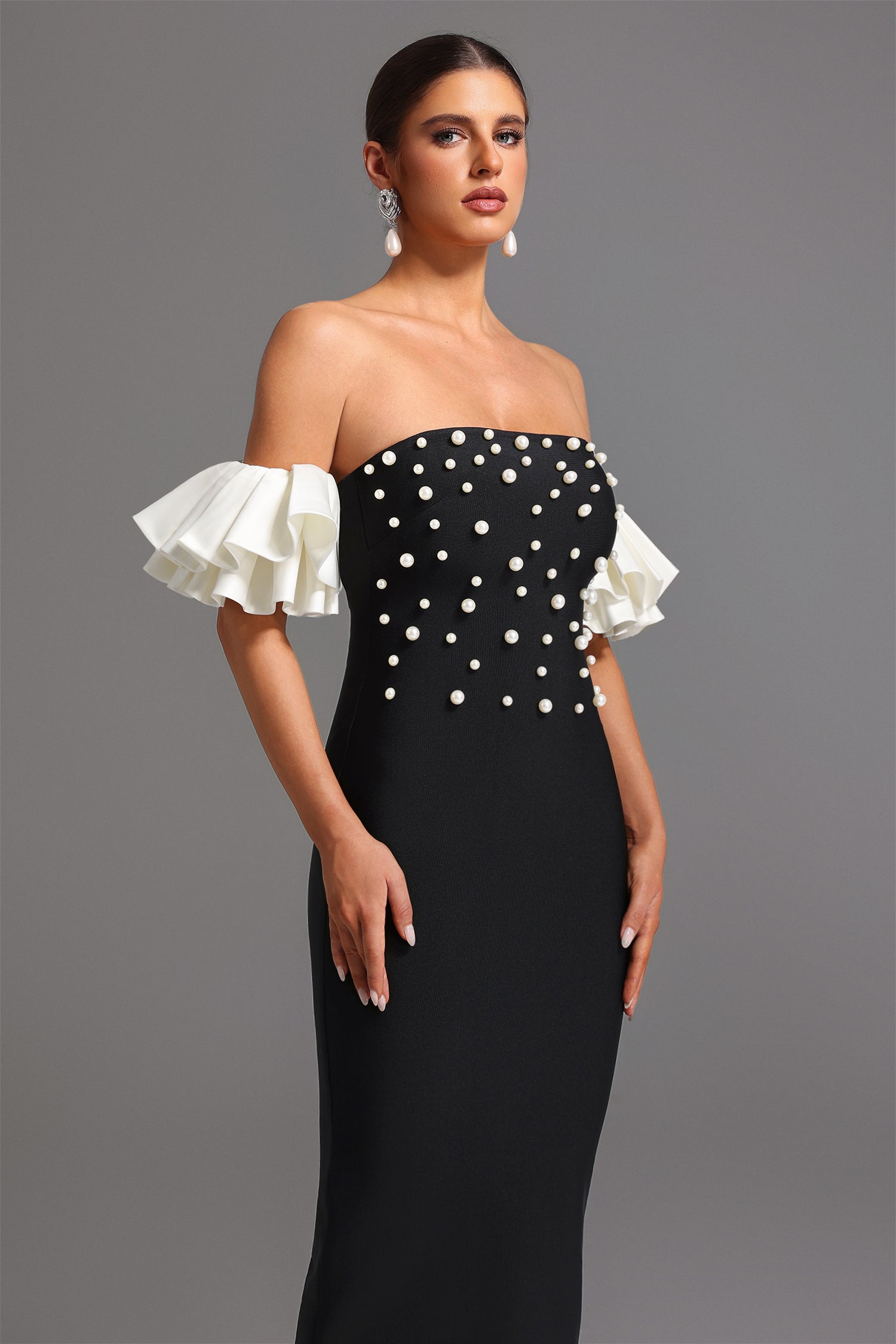 Carmina Black Pearl Detail Strapless Maxi Dress with Ruffled Sleeves
