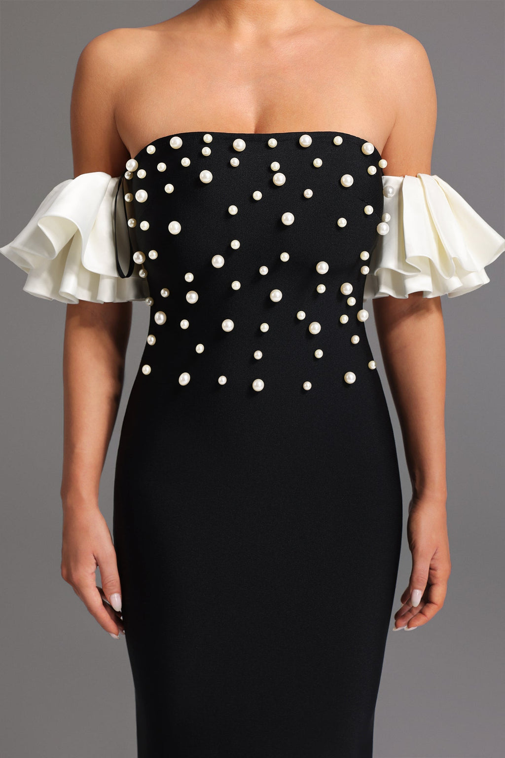 Carmina Black Pearl Detail Strapless Maxi Dress with Ruffled Sleeves