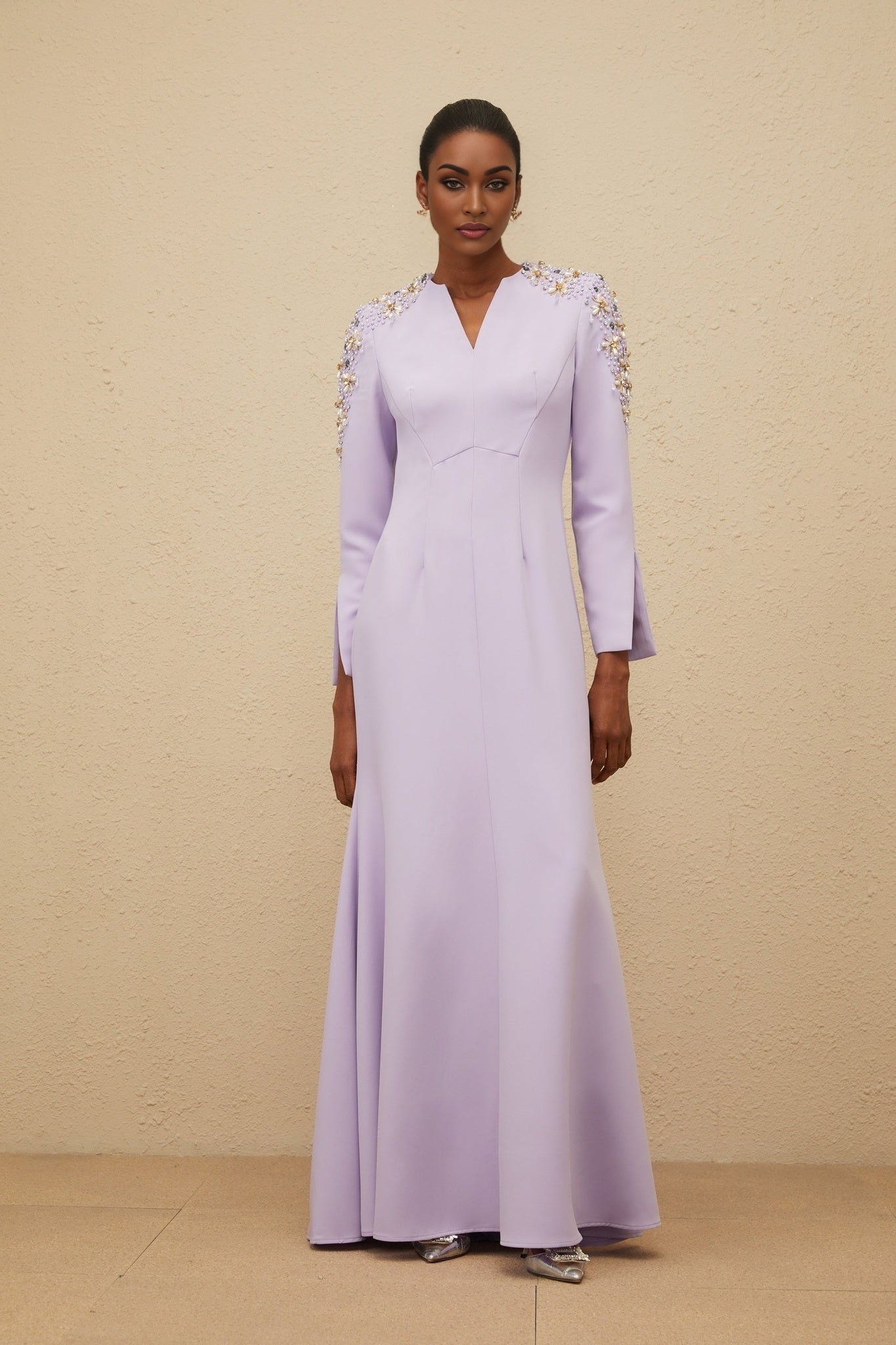 Carmina Gown - Long Sleeves - V - Neck - Fitted Waistline - Faux Pearl & Crystal Embellishment - Flared Hem