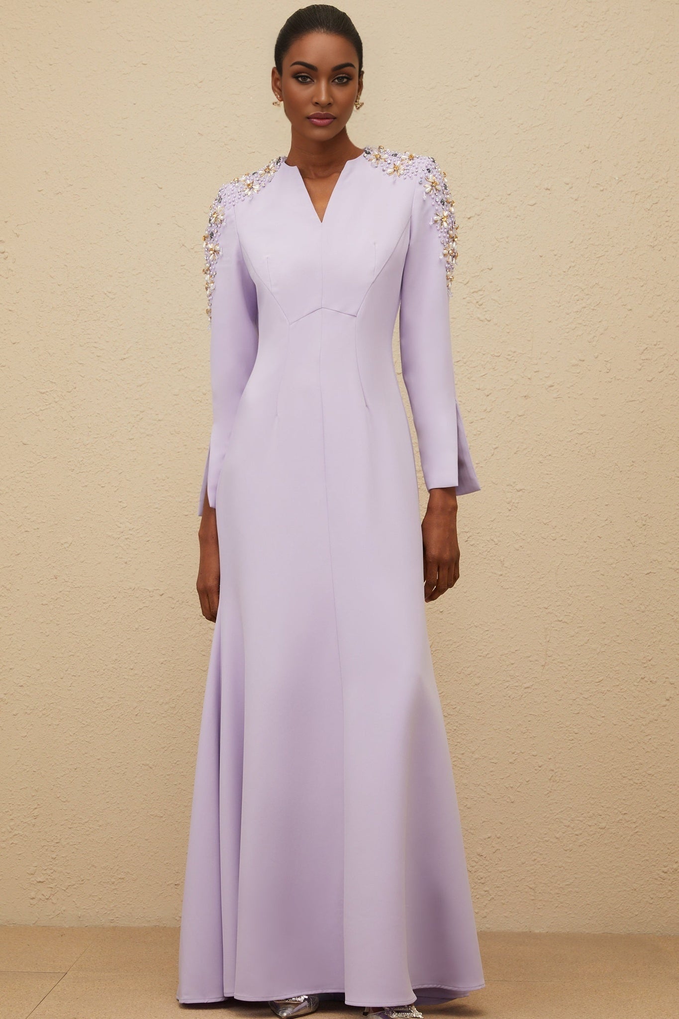 Carmina Gown - Long Sleeves - V - Neck - Fitted Waistline - Faux Pearl & Crystal Embellishment - Flared Hem