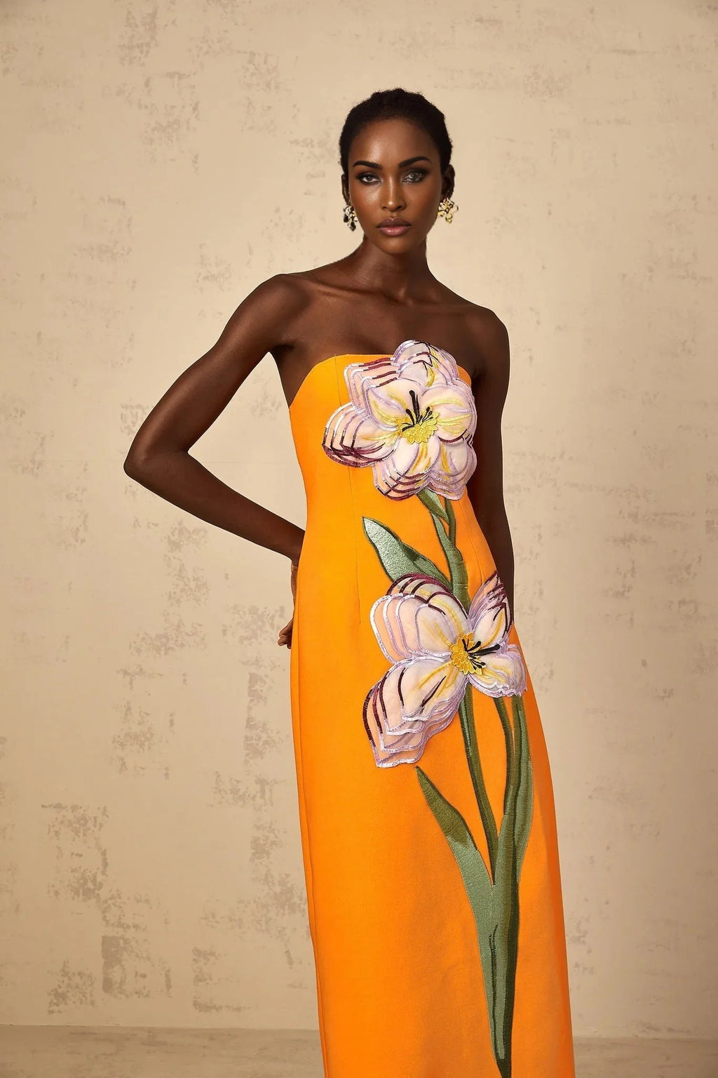 Carmina Midi Dress Orange Floral Sequin Embroidered Slit