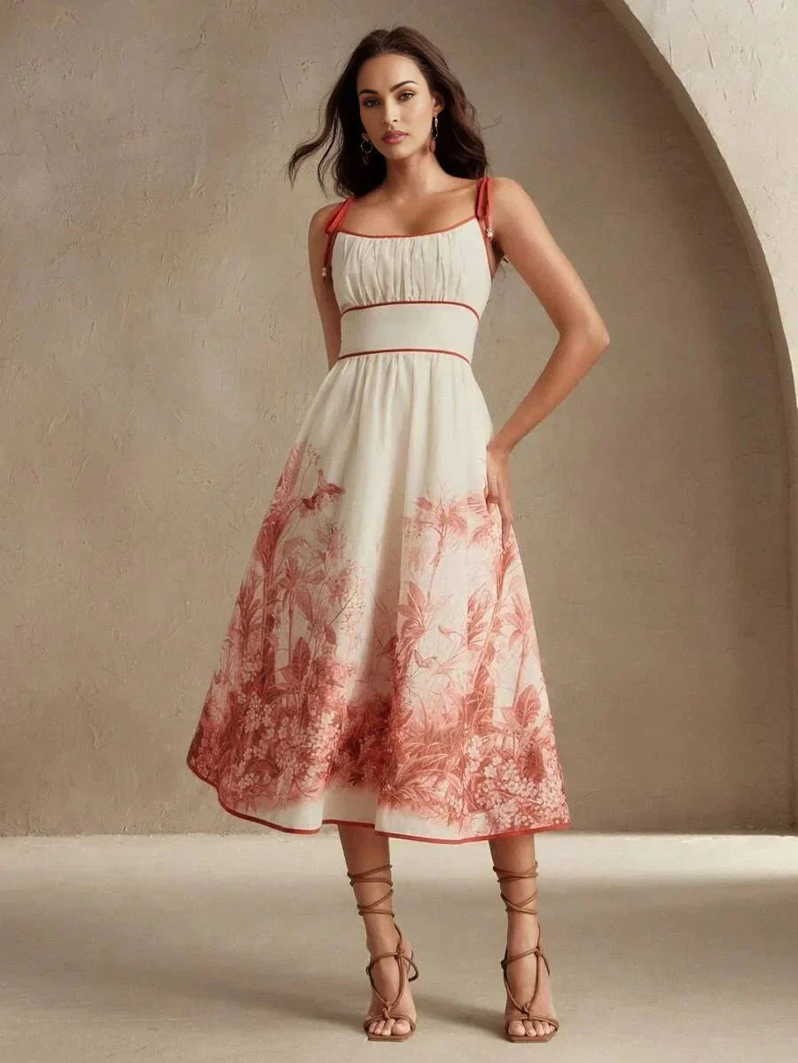 Carmina Midi Dress - Spaghetti Strap - Flared Hem - High Waist - Colorblock - Boho Style