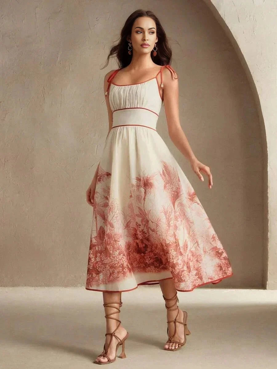 Carmina Midi Dress - Spaghetti Strap - Flared Hem - High Waist - Colorblock - Boho Style
