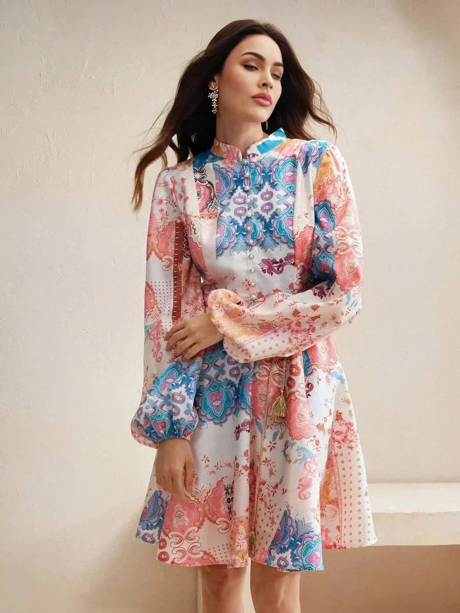 Carmina Midi Dress - Stand Collar - Bishop Sleeve - High Waist - A Line - Elegant Style