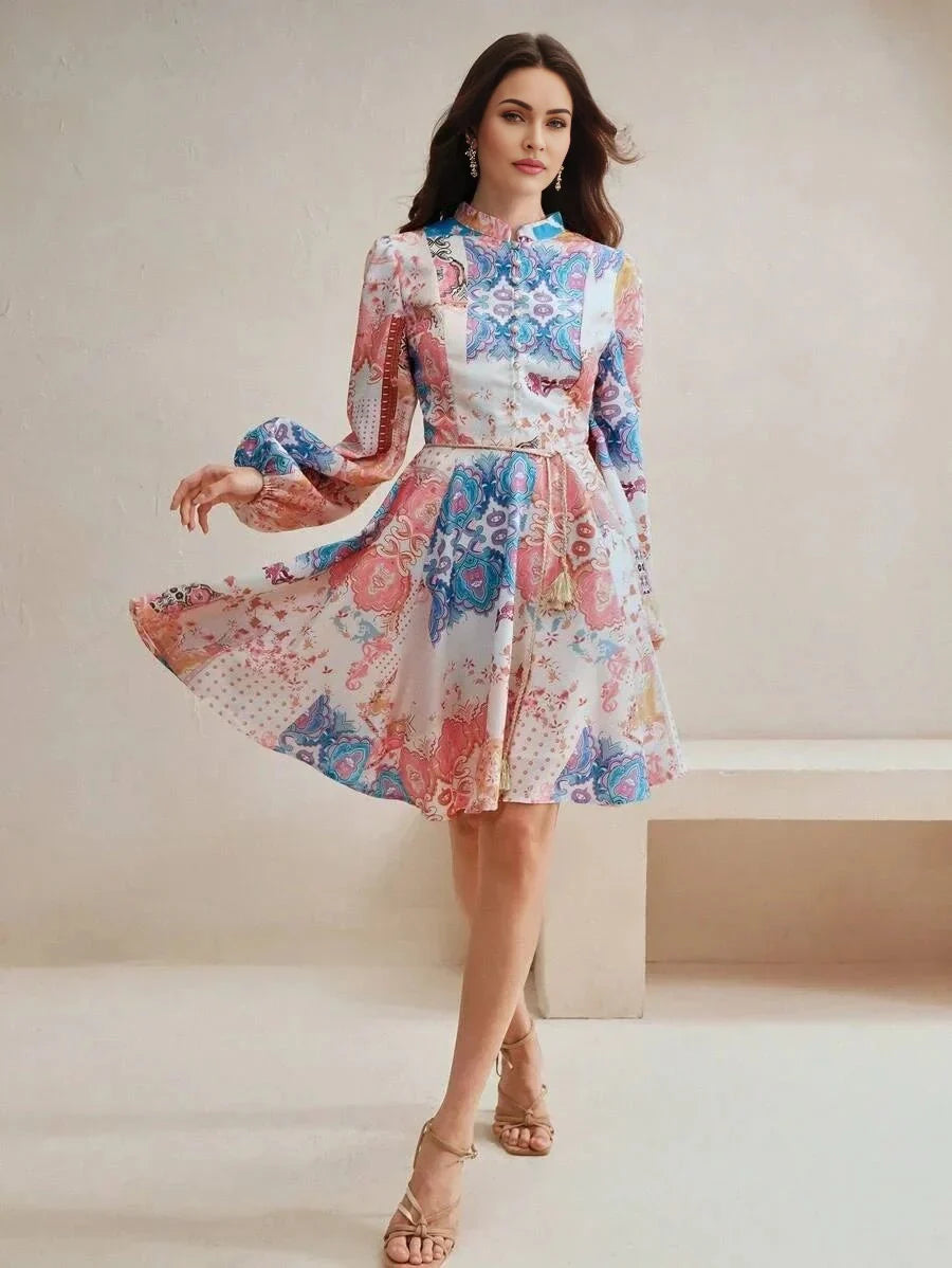 Carmina Midi Dress - Stand Collar - Bishop Sleeve - High Waist - A Line - Elegant Style