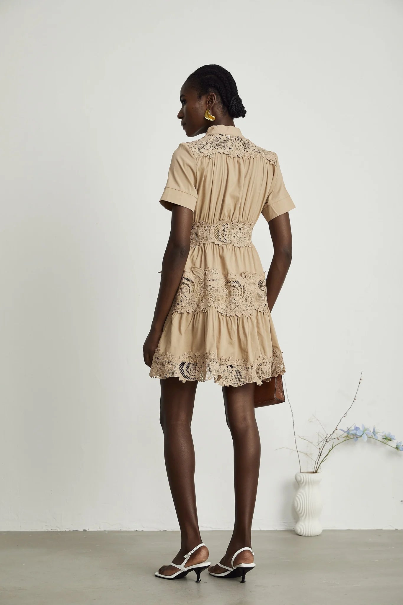Carmina Mini Dress - Short Sleeve - Lace and Pleat Detailing - Button Fastening