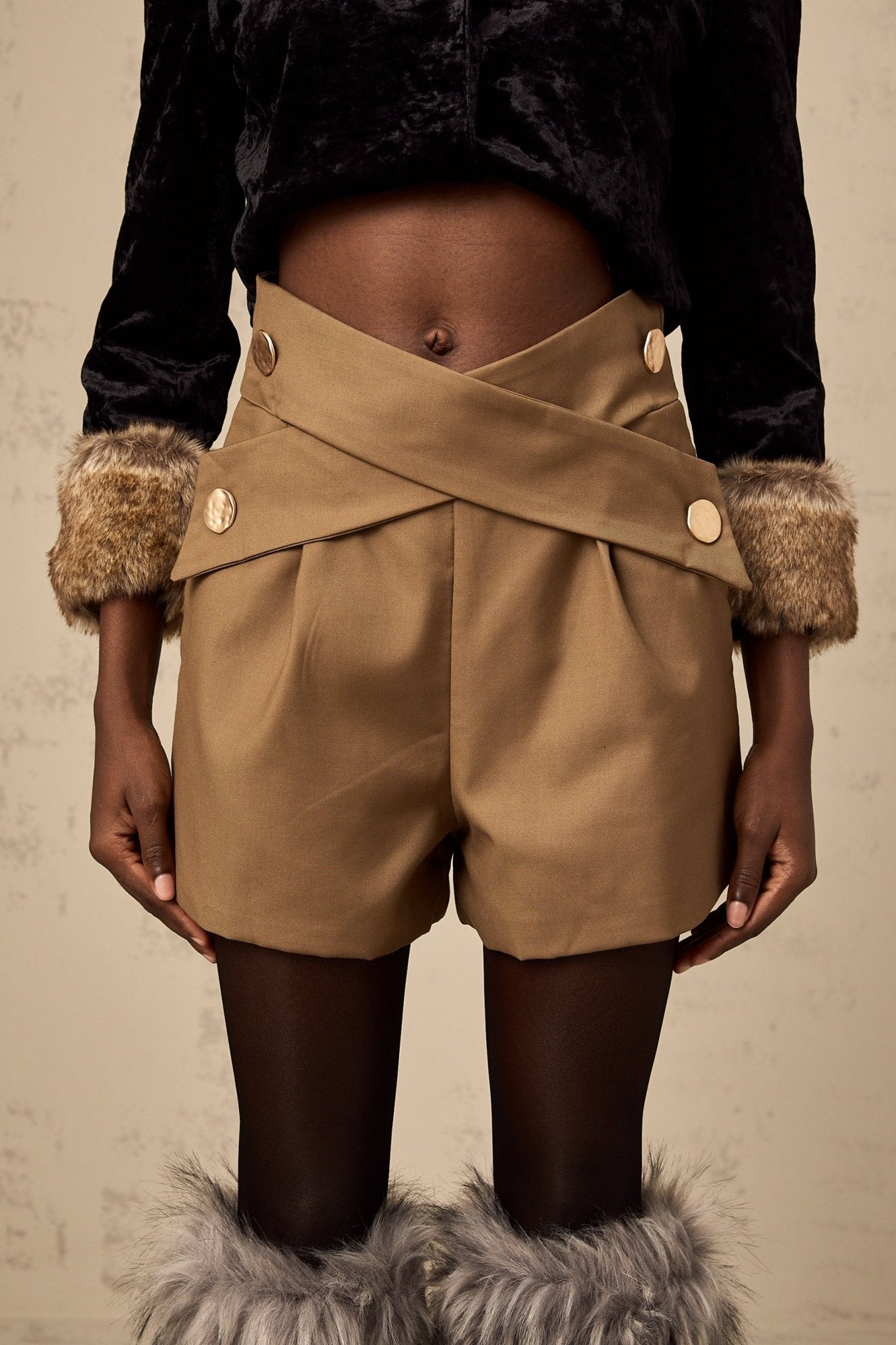 Carmina Shorts - Crossover Design - tone Buttons - Faux Welt Pockets - Zip Fastening