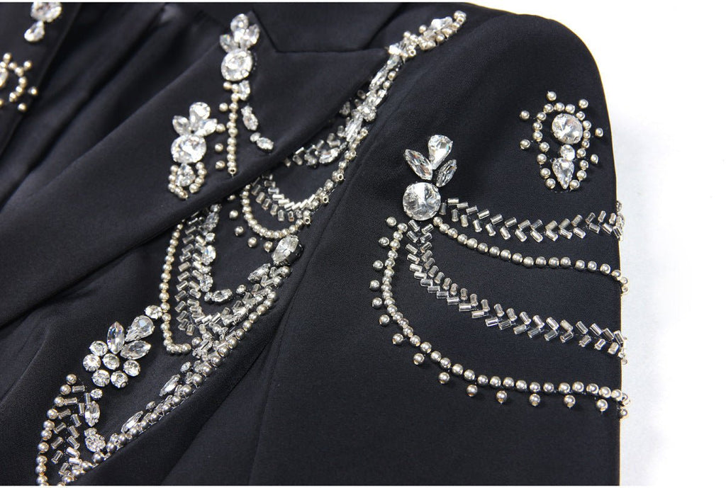 Carolina Blazer - Tailored Silhouette - Crystal Embellishments - Slim Fit - Deep Lapel - Rhinestone Appliqués