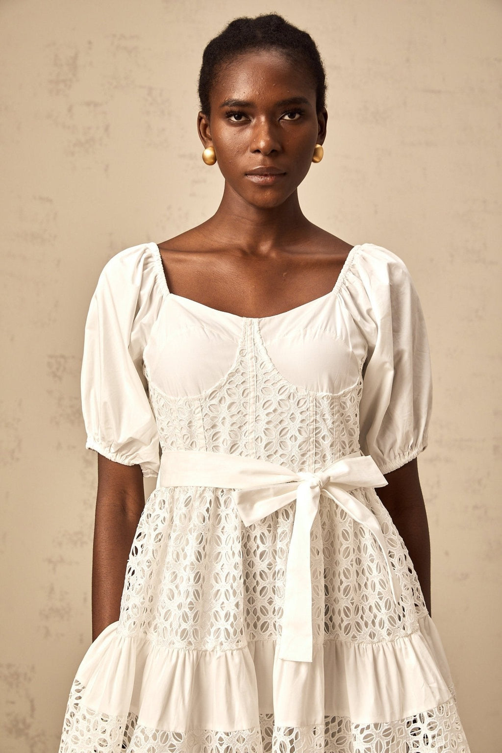 Carolina Midi Dress - Sweetheart Neck - Puff Sleeves - Lace Paneling - Tiered Design - Self - Tie Waist