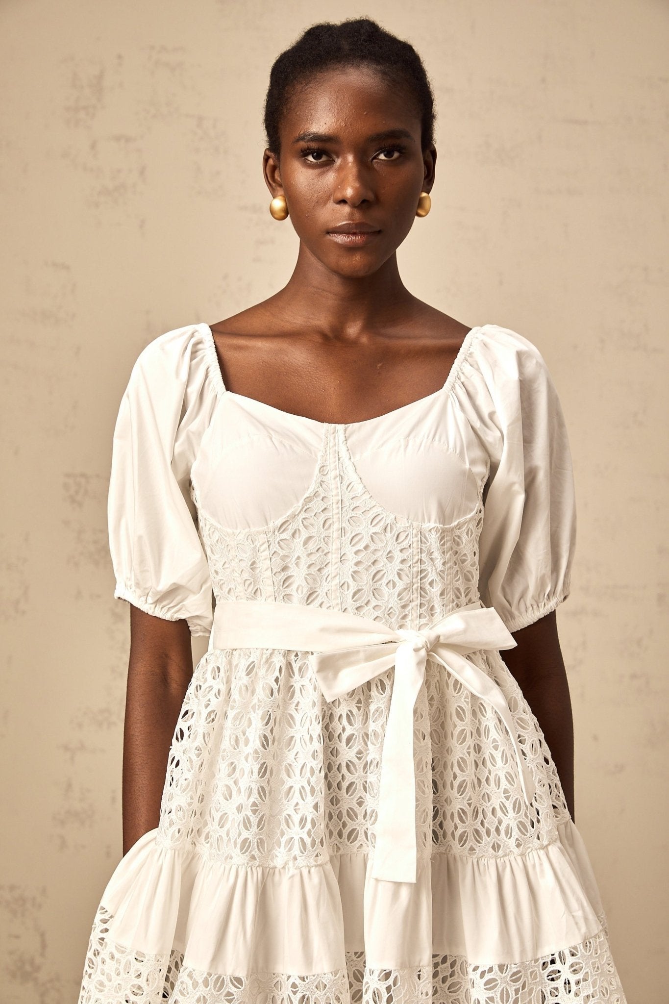 Carolina Midi Dress - Sweetheart Neck - Puff Sleeves - Lace Paneling - Tiered Design - Self - Tie Waist