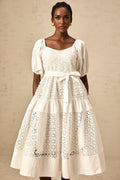 Carolina Midi Dress - Sweetheart Neck - Puff Sleeves - Lace Paneling - Tiered Design - Self - Tie Waist