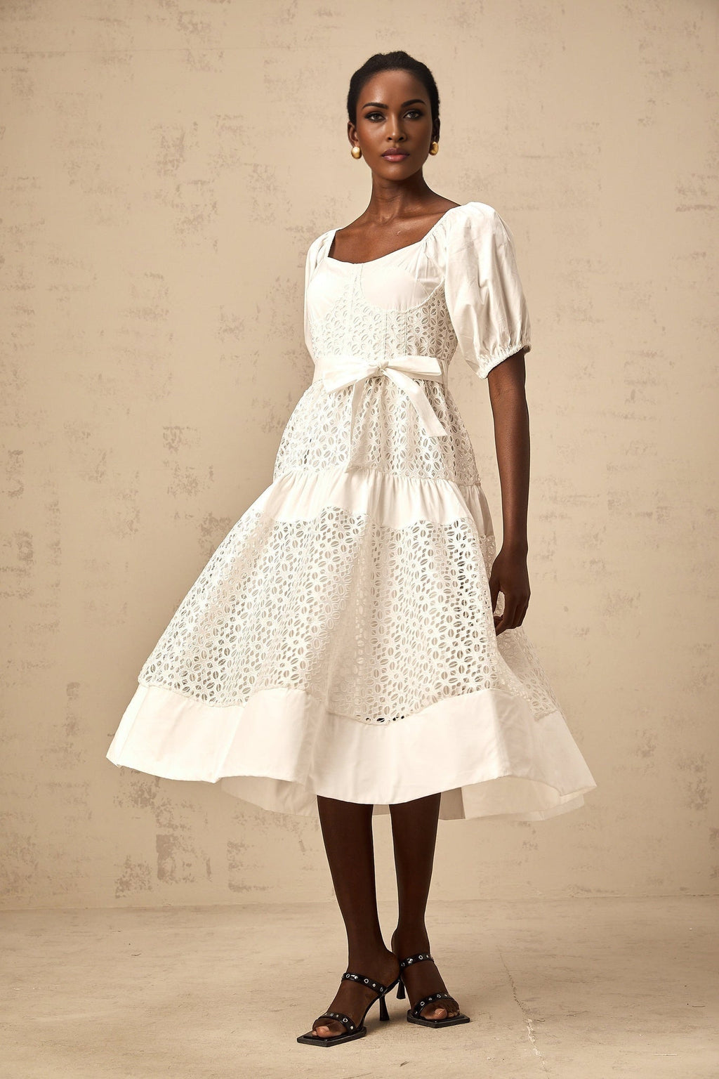 Carolina Midi Dress - Sweetheart Neck - Puff Sleeves - Lace Paneling - Tiered Design - Self - Tie Waist