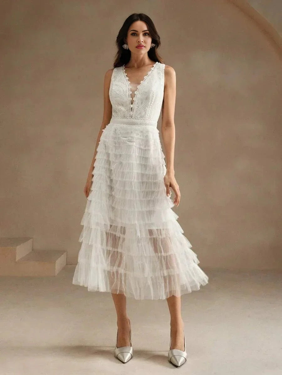 Carolina Midi Dress - V Neck - Wedding - Layered Hem - High Waist - Elegant Style