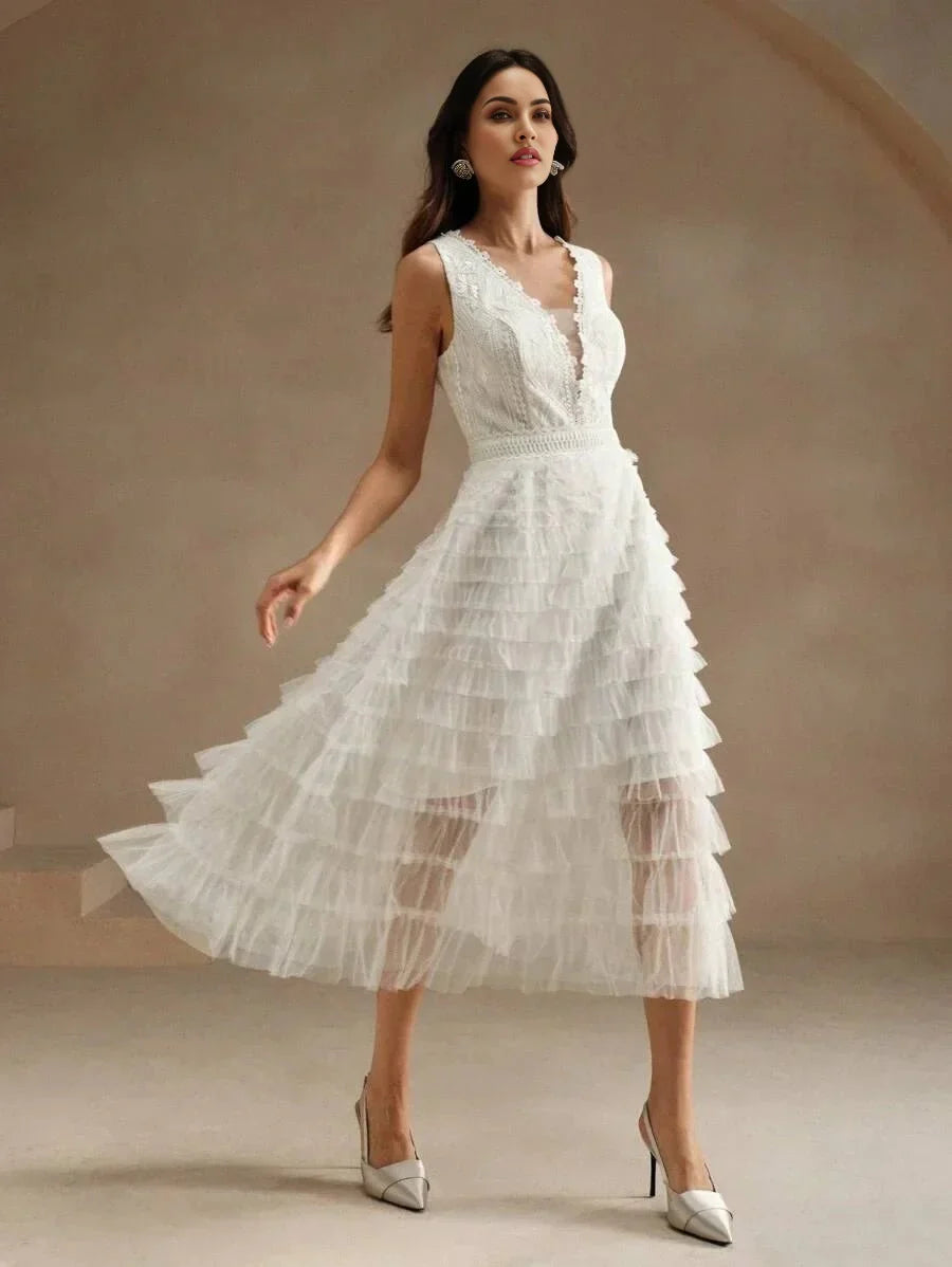 Carolina Midi Dress - V Neck - Wedding - Layered Hem - High Waist - Elegant Style