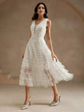 Carolina Midi Dress - V Neck - Wedding - Layered Hem - High Waist - Elegant Style