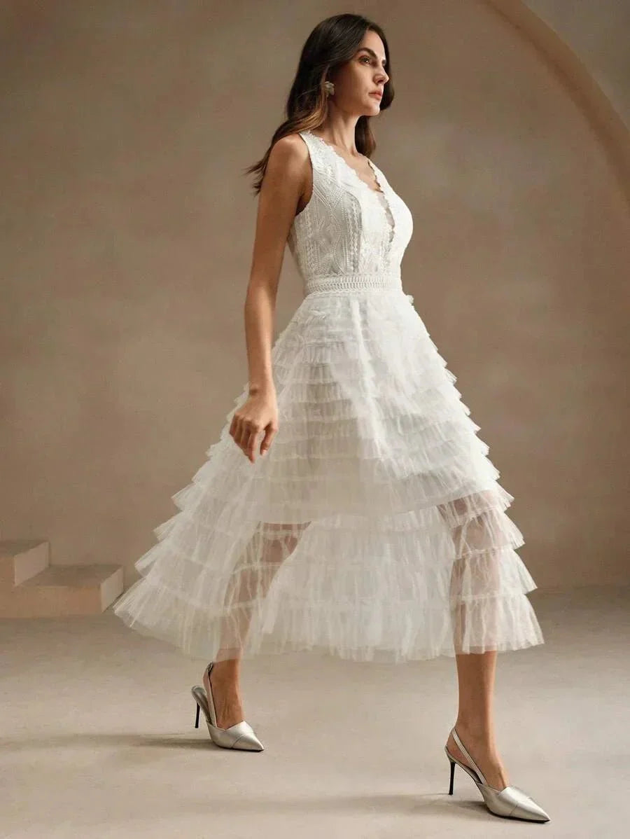 Carolina Midi Dress - V Neck - Wedding - Layered Hem - High Waist - Elegant Style