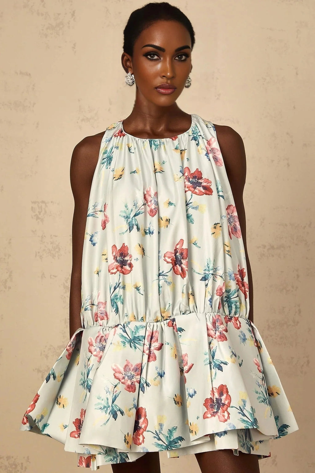 Carolina Mini Dress Green Floral Print Puff Skirt Ruffle Detail & Button Fastening