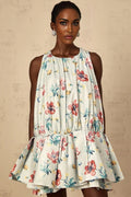 Carolina Mini Dress Green Floral Print Puff Skirt Ruffle Detail & Button Fastening
