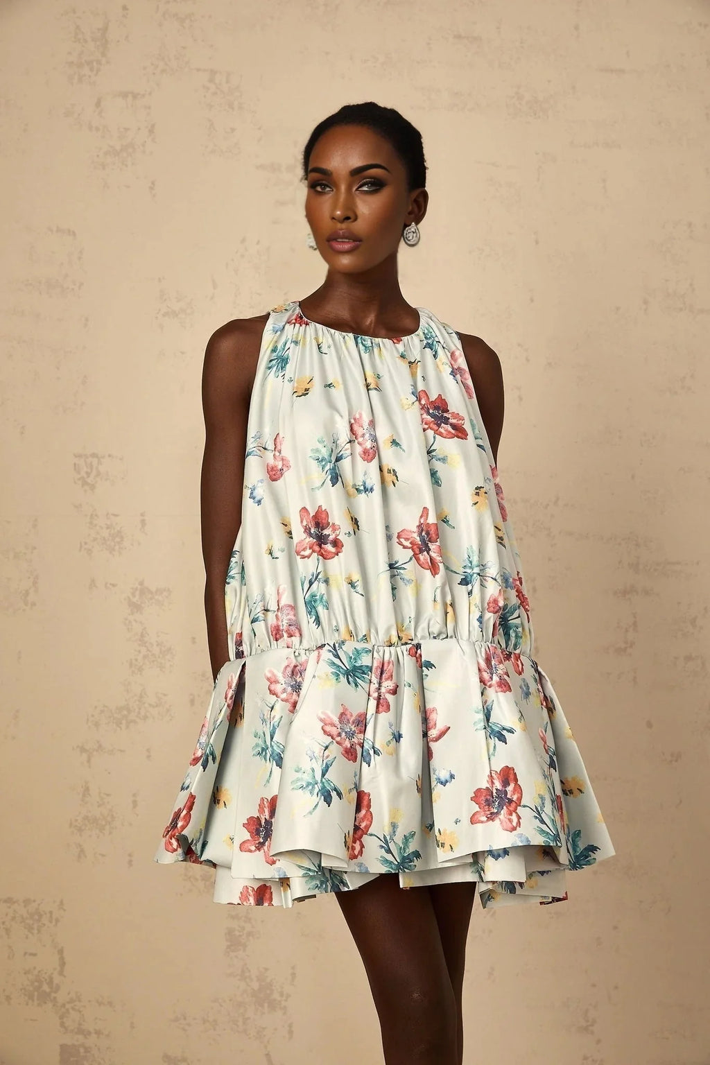 Carolina Mini Dress Green Floral Print Puff Skirt Ruffle Detail & Button Fastening