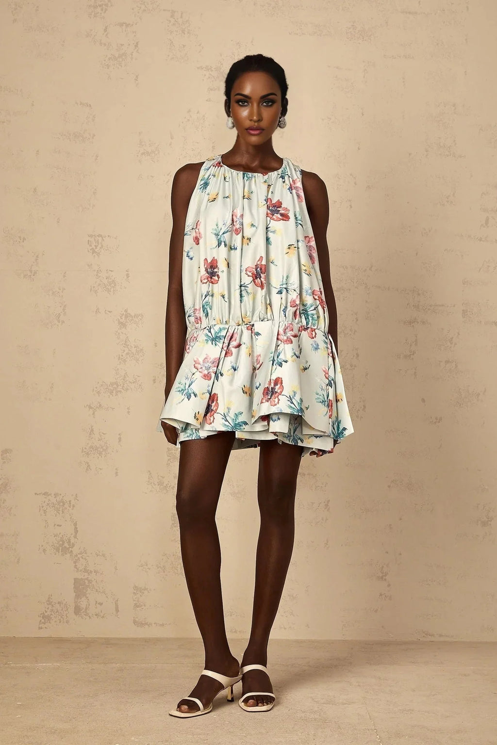 Carolina Mini Dress Green Floral Print Puff Skirt Ruffle Detail & Button Fastening