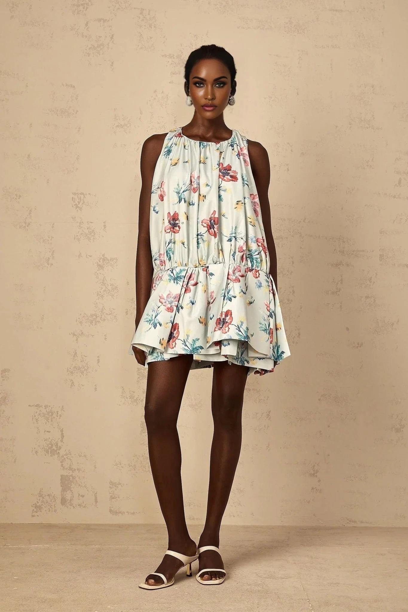 Carolina Mini Dress Green Floral Print Puff Skirt Ruffle Detail & Button Fastening