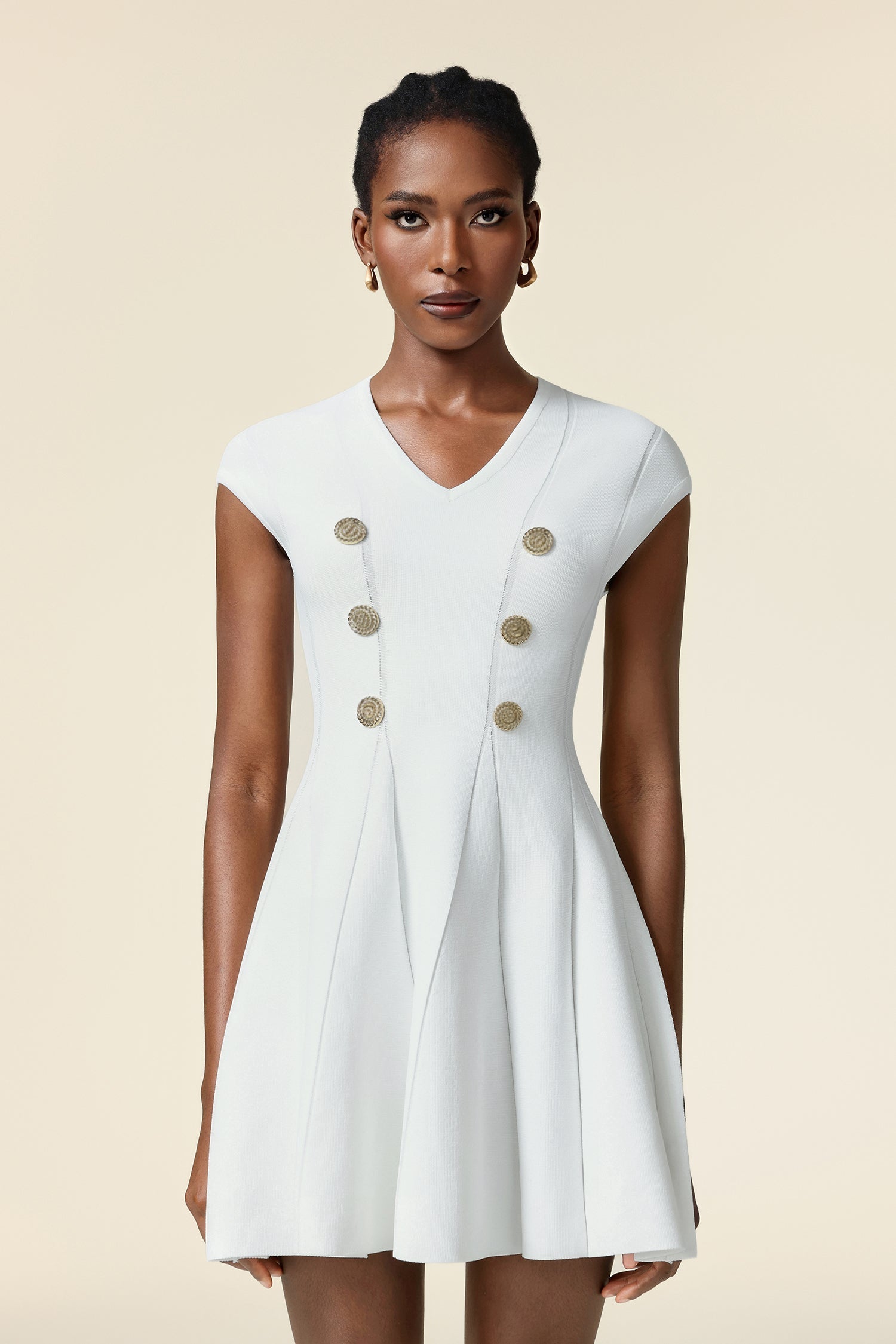 Carolina White Mini Dress V Neck Short Sleeve Button Detail Flare Hem