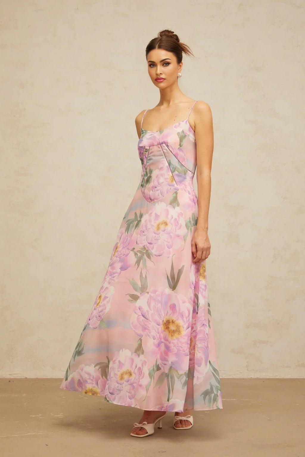 Caroline Maxi Dress Pink Floral Draped & Shirred Multicolor