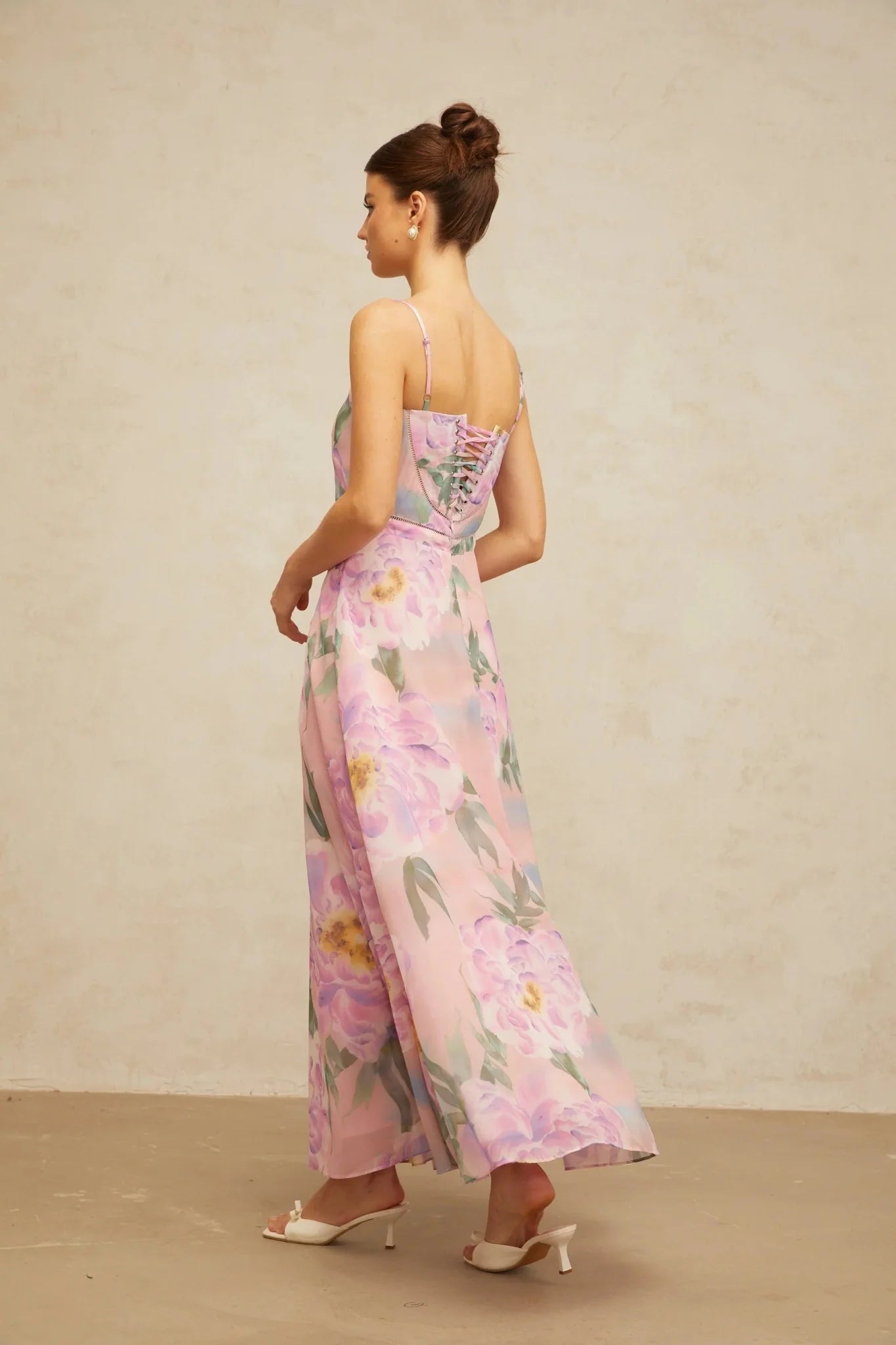 Caroline Maxi Dress Pink Floral Draped & Shirred Multicolor