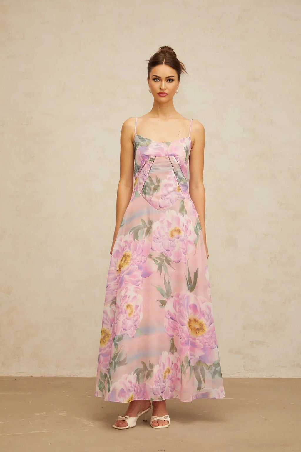 Caroline Maxi Dress Pink Floral Draped & Shirred Multicolor