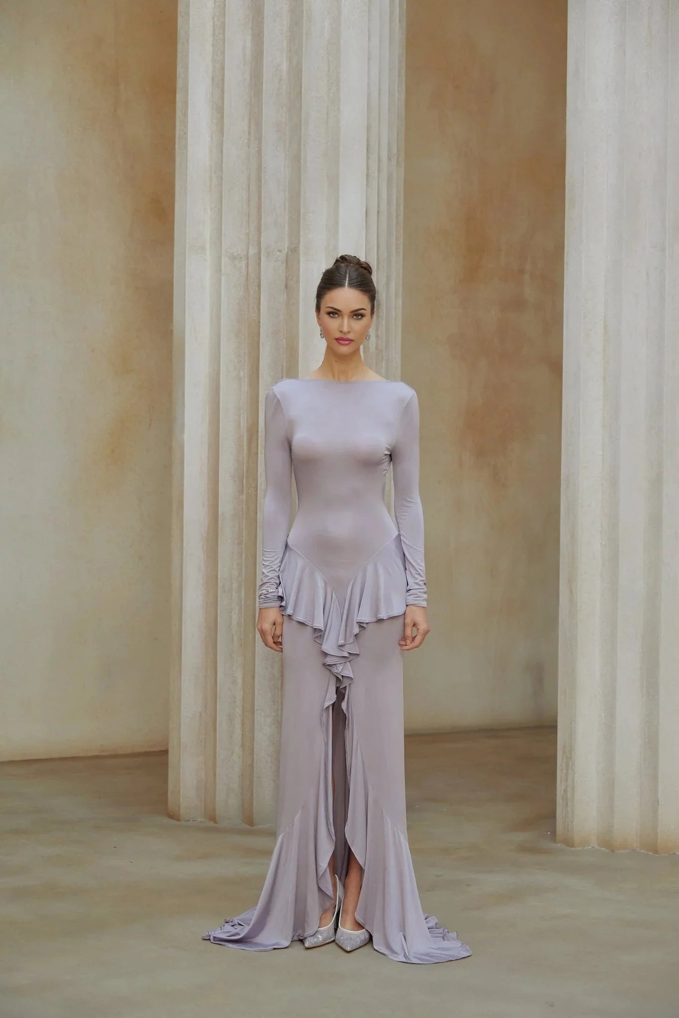 Caroline Maxi Dress Purple Ruffle Front Slit