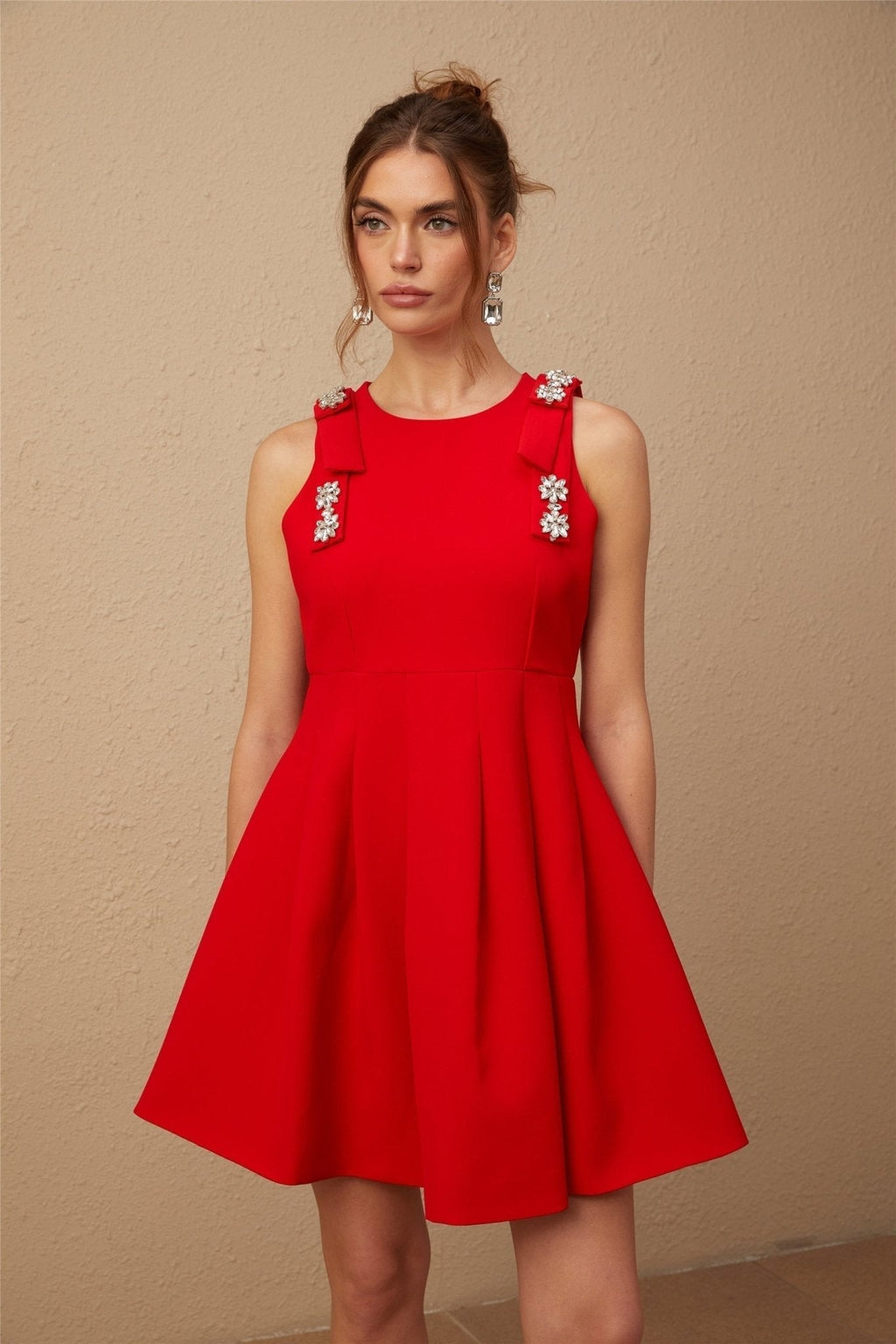 Caroline Mini Dress - Textured Finish - Crystal Embellishment - Bow Detailing - Pleated Skirt - Rear Zip Fastening