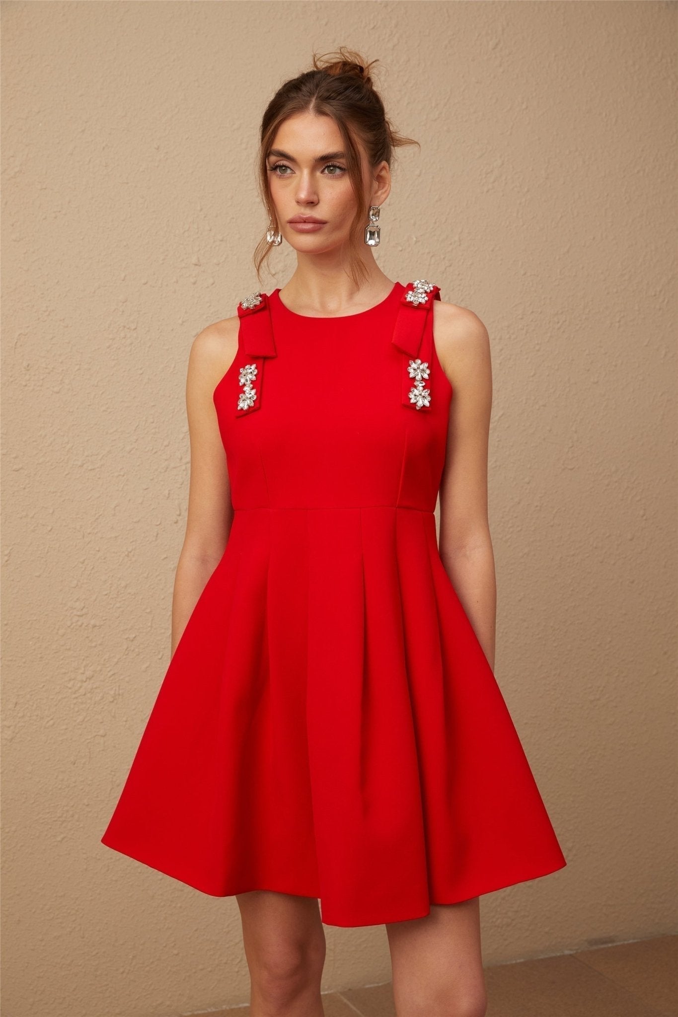 Caroline Mini Dress - Textured Finish - Crystal Embellishment - Bow Detailing - Pleated Skirt - Rear Zip Fastening
