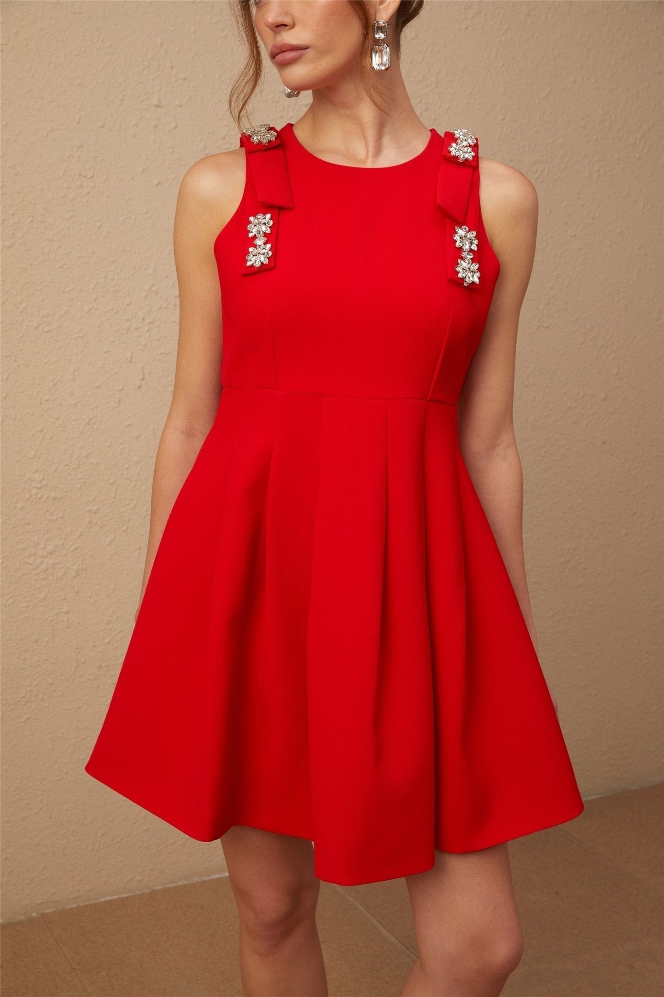Caroline Mini Dress - Textured Finish - Crystal Embellishment - Bow Detailing - Pleated Skirt - Rear Zip Fastening