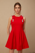 Caroline Mini Dress - Textured Finish - Crystal Embellishment - Bow Detailing - Pleated Skirt - Rear Zip Fastening