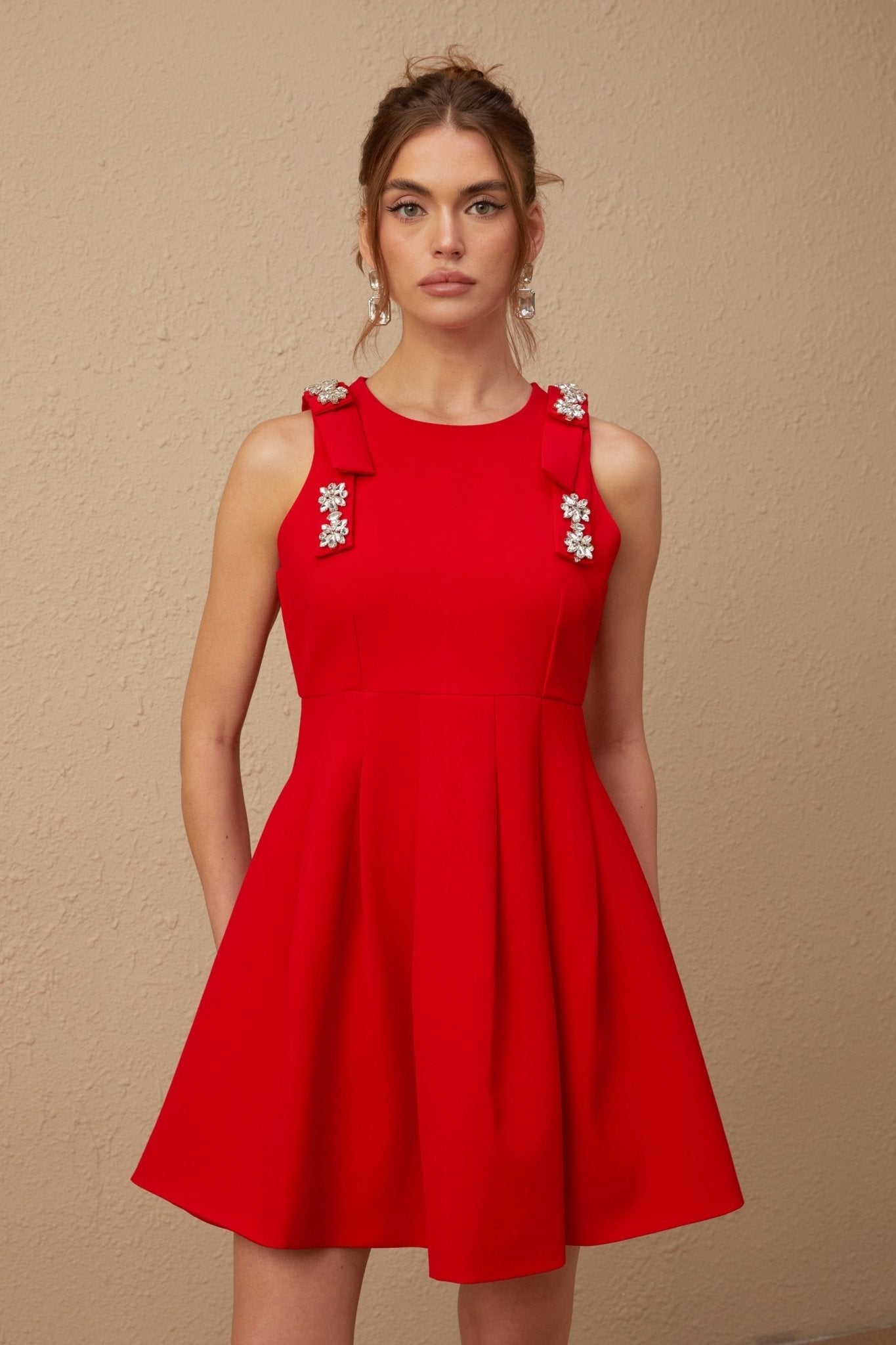 Caroline Mini Dress - Textured Finish - Crystal Embellishment - Bow Detailing - Pleated Skirt - Rear Zip Fastening