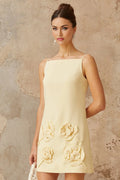 Caroline Mini Dress Yellow Floral Appliqu A - line & Spaghetti Straps