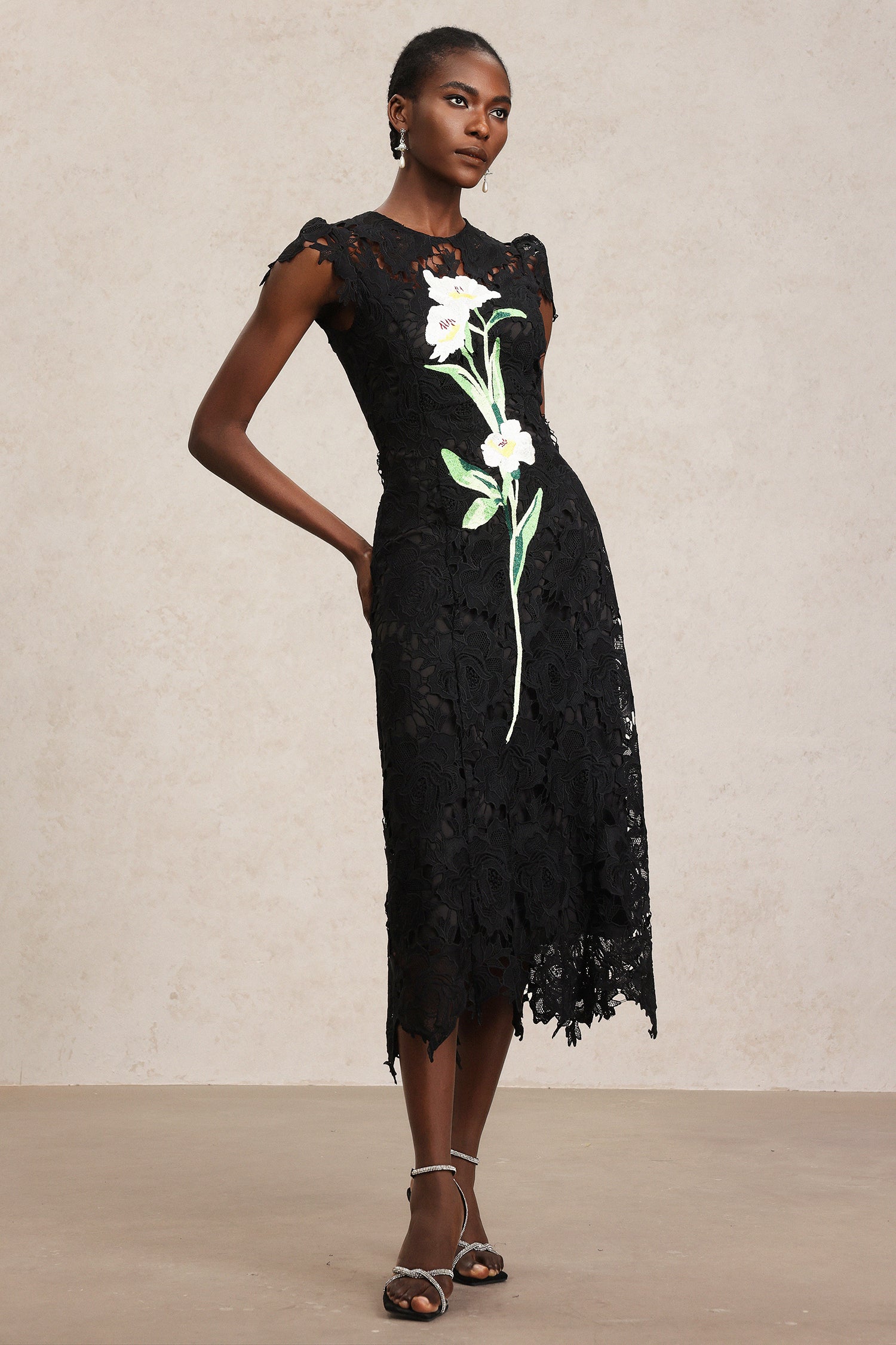 Cassandra Black Lace Embroidered Midi Dress